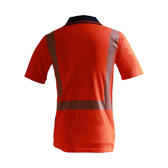 Caution Hi Vis Segmented Taped Micro Fibre Polo featuring high UV protection, reflective tape, cellphone pocket, and pen partition. Designed for safety compliance, ideal for day/night use in workplace environments.
