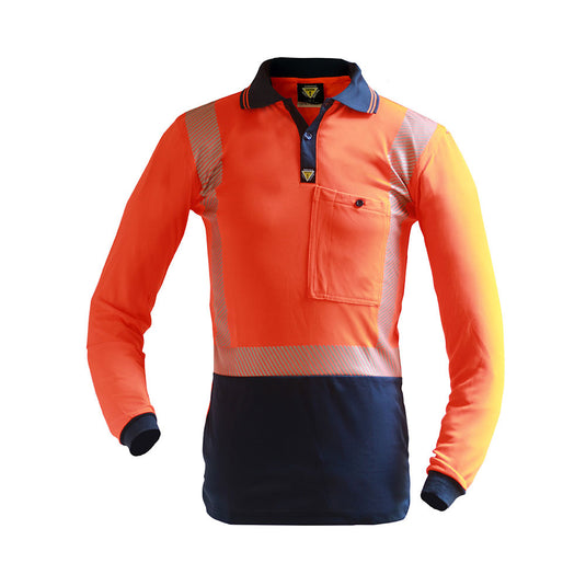 Caution Hi Vis Segmented Taped Micro Fibre L/S Polo features reflective tape for enhanced visibility, a cellphone pocket with button closure, and pen partition, offering high UV protection and compliance with NZ safety standards.