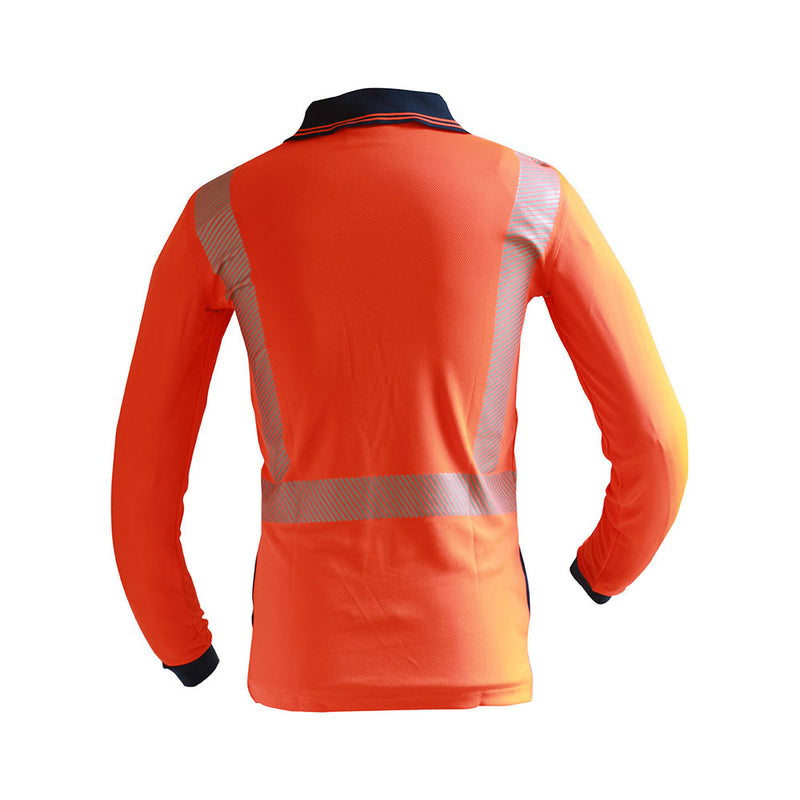 Load image into Gallery viewer, Caution Hi Vis Segmented Taped Micro Fibre L/S Polo featuring 165gsm polyester microfibre, UPF50+ sun protection, reflective tape, cellphone pocket with pen partition, designed for compliance with safety standards, ideal for day/night use.