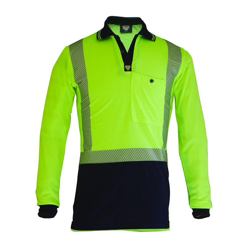 Load image into Gallery viewer, Caution Hi Vis Segmented Taped Micro Fibre L/S Polo, featuring segmented reflective tape for day/night safety compliance, with a cellphone pocket and pen partition, designed for maximum UV protection and certified workplace standards.