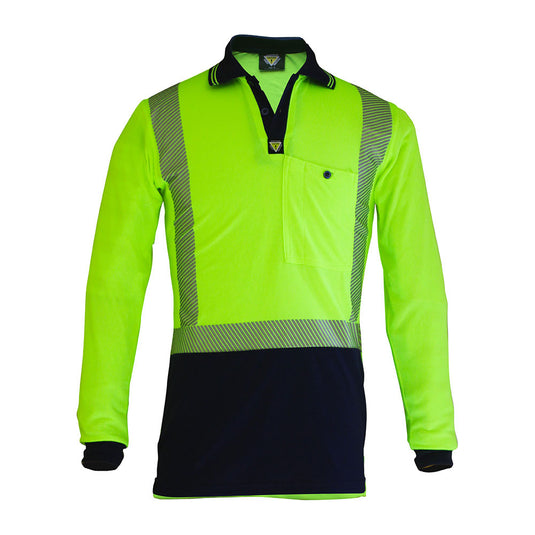 Caution Hi Vis Segmented Taped Micro Fibre L/S Polo, featuring segmented reflective tape for day/night safety compliance, with a cellphone pocket and pen partition, designed for maximum UV protection and certified workplace standards.