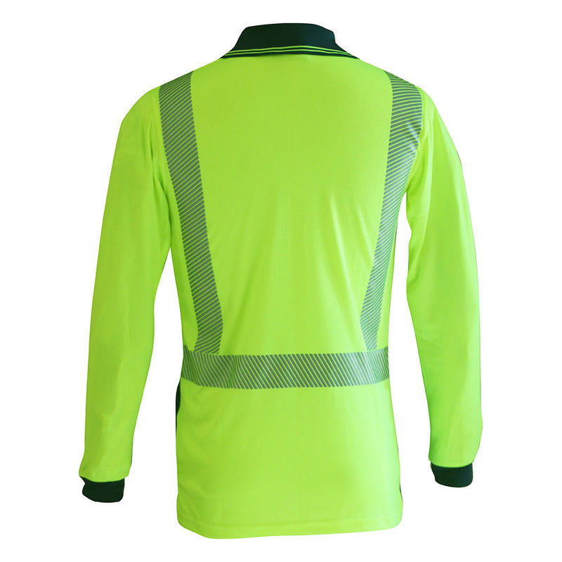 Load image into Gallery viewer, Caution Hi Vis Segmented Taped Micro Fibre L/S Polo featuring reflective tape, cellphone pocket with button closure, and pen partition. Designed for high UV protection and certified safety standards, ideal for day/night use.