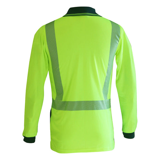Caution Hi Vis Segmented Taped Micro Fibre L/S Polo featuring reflective tape, cellphone pocket with button closure, and pen partition. Designed for high UV protection and certified safety standards, ideal for day/night use.