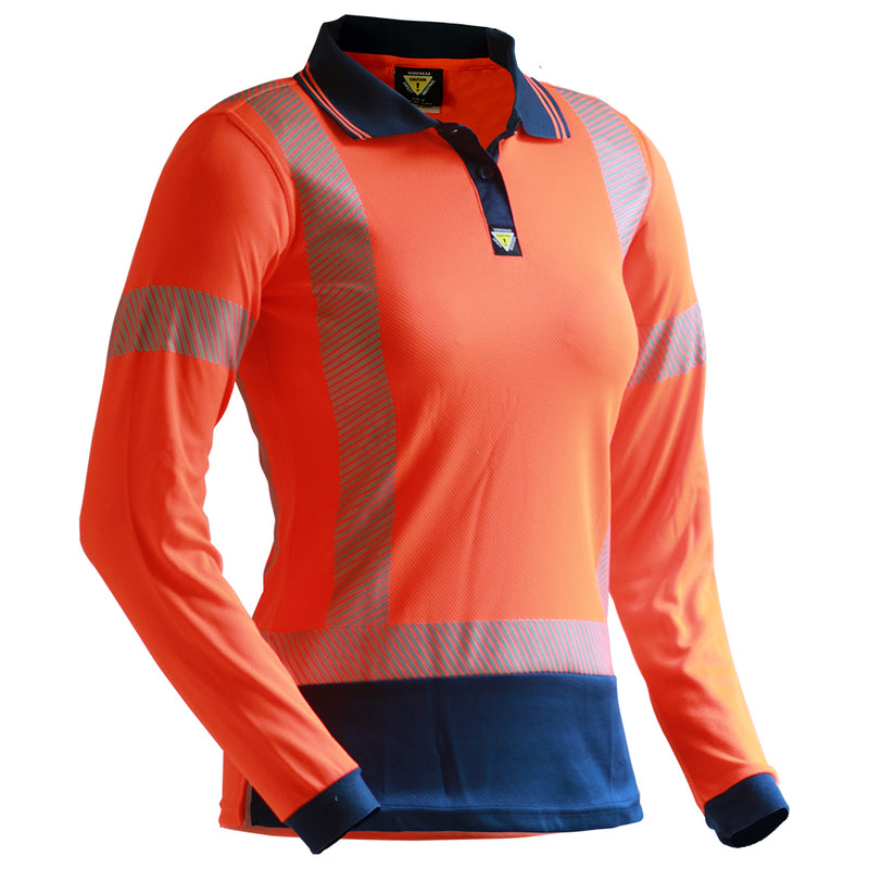 Load image into Gallery viewer, Caution Women’s Hi Vis Long Sleeve Segment Tape Polo, featuring fluorescent orange microfibre fabric with navy accents, silver reflective striping, and buttoned front closure, designed for maximum visibility and safety compliance.