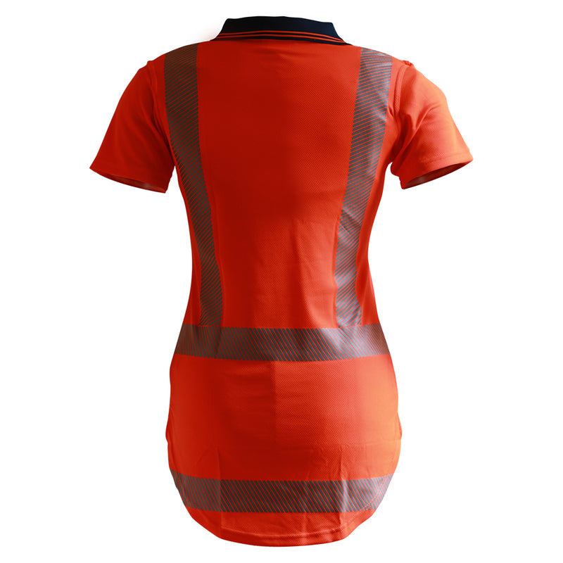 Load image into Gallery viewer, Caution Hi Vis Womens TTMC-W17 Segmented Tape Polo, featuring a back view of a fluorescent orange safety dress with grey reflective striping, short sleeves, and a dark collar, ideal for workplace safety.
