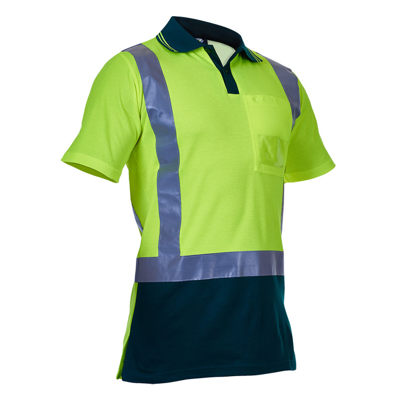 Load image into Gallery viewer, Caution Hi Vis Taped Cotton-Backed Polo with fluorescent yellow-green fabric, reflective silver strips, dark panels, and a buttoned front closure, designed for visibility and comfort in safety-focused environments.