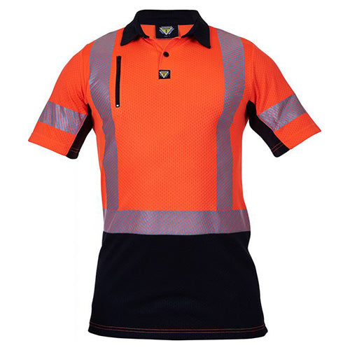 Caution Microvent Taped Polo Shirt, designed for safety and comfort, features high UV protection, breathable polyester fabric, cooling vents, and a zipped cellphone pocket; ideal for workplace environments.