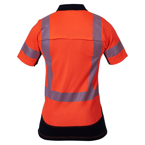 Load image into Gallery viewer, Caution Microvent Taped Polo Shirt's back view, showcasing cooling vents, reflective tape, and generous length. Ideal for safety, it includes a zipped cellphone pocket and offers high UV sun protection.