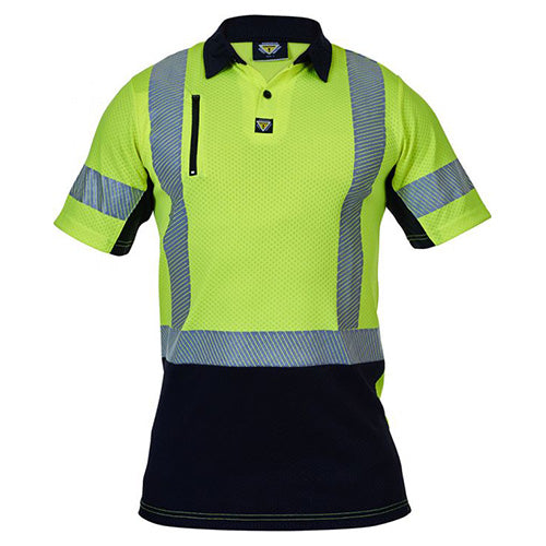 Caution Microvent Taped Polo Shirt featuring a yellow and black design, equipped with a zipped cellphone pocket and cooling vents for high breathability, ideal for safety-conscious environments.