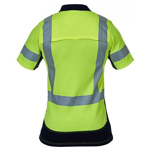 Load image into Gallery viewer, Caution Microvent Taped Polo Shirt features a back view showcasing cooling vents, a zipped cellphone pocket, and vented reflective tape, emphasizing its suitability for safety and high visibility work environments.