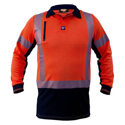 Caution Microvent Taped L/S Polo Shirt, featuring long sleeves and vented reflective tape, designed for high UV protection and breathability. Ideal for safety and comfort in demanding work environments.