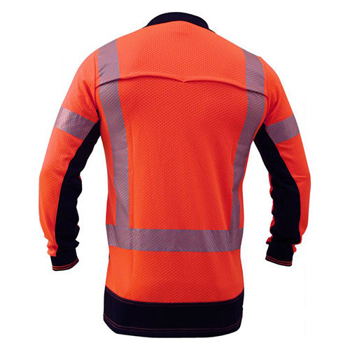 Load image into Gallery viewer, Caution Microvent Taped L/S Polo Shirt, back view showcasing its generous length, cooling vents, and zipped cellphone pocket. Designed for safety with reflective tape, ideal for workplace environments demanding high visibility and comfort.