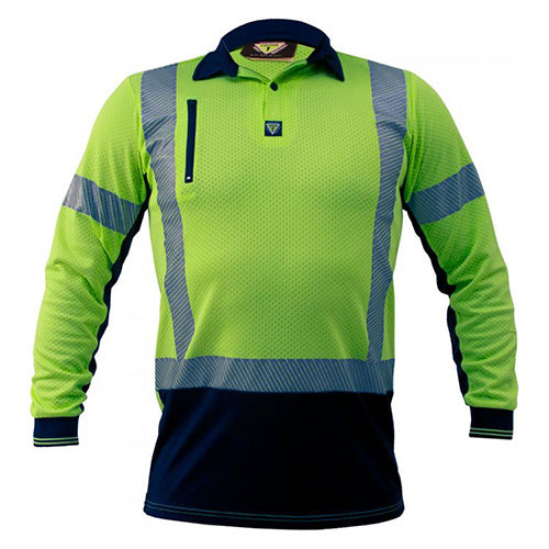 Caution Microvent Taped L/S Polo Shirt featuring long sleeves, cooling vents, and a zipped cellphone pocket. Designed for comfort and safety with reflective tape, this shirt is ideal for workplace environments.