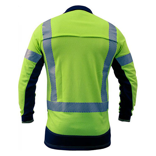 Load image into Gallery viewer, Caution Microvent Taped L/S Polo Shirt features a back view showing cooling vents and vented reflective tape for comfort, with a generous length and zipped cellphone pocket, ideal for safety and work environments.