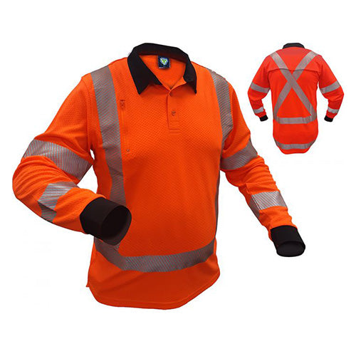 Caution TTMC-W17 X-Back Microvent L/S Polo Shirt, featuring long sleeves, reflective X-Back tape, and cooling vents, ideal for high visibility and comfort in workplace safety settings.