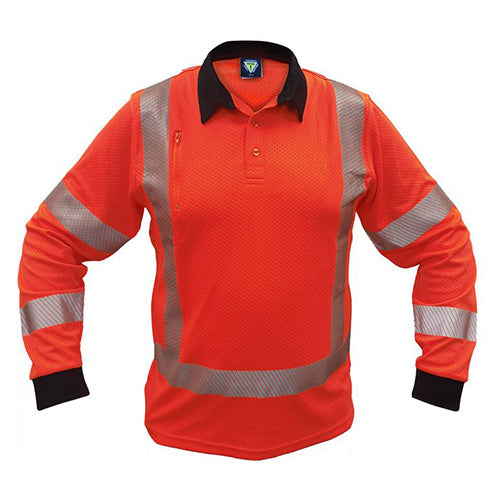 Caution TTMC-W17 X-Back Microvent L/S Polo Shirt featuring long sleeves with vented reflective stripes, designed for high visibility and safety compliance, ideal for workplace environments prioritizing protection and comfort.