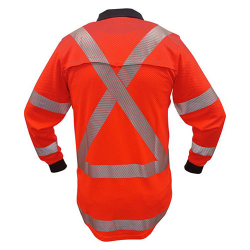 Load image into Gallery viewer, Caution TTMC-W17 X-Back Microvent L/S Polo Shirt, featuring cooling back vents, reflective X-back tape, and a zipped cellphone pocket, designed for high UV protection and breathability. Ideal for safety-focused work environments.
