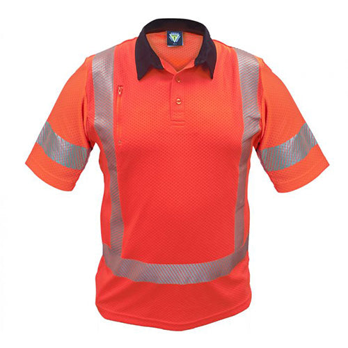 Caution TTMC-W17 X-Back Microvent Polo Shirt featuring reflective stripes and cooling vents, designed for safety and comfort with a zipped cellphone pocket. Ideal for high visibility in active and workplace settings.