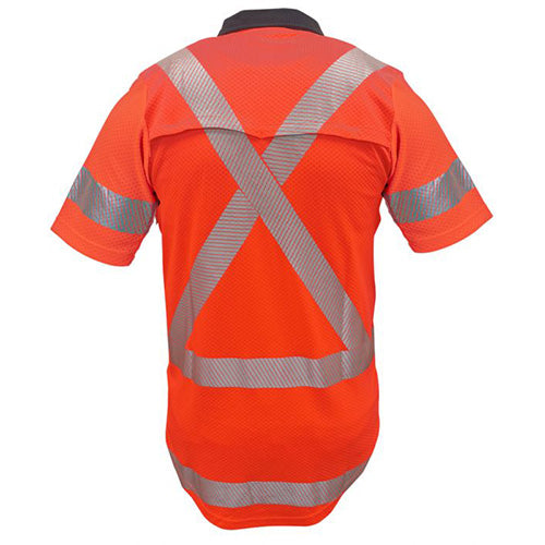 Caution TTMC-W17 X-Back Microvent Polo Shirt showcasing the back with an X-back reflective tape design, cooling vents, and a zipped cellphone pocket, emphasizing its safety and comfort features for workplace use.