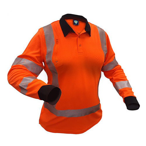 Caution Ladies TTMC-W17 X-Back Microvent L/S Polo Shirt featuring long sleeves, reflective X-back stripes, and cooling vents, ideal for safety-conscious environments.
