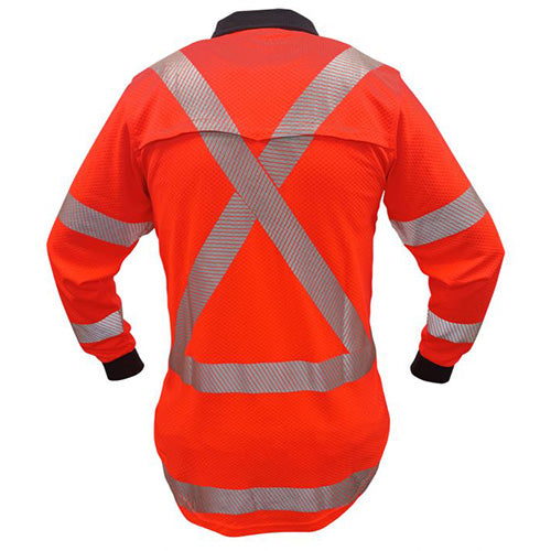 Caution Ladies TTMC-W17 X-Back Microvent L/S Polo Shirt, featuring a back view with cooling vents and X-back reflective tape, designed for high UV protection and breathability, ideal for workplace safety.