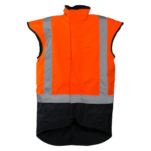 Caution Hi Vis Taped Fleece Lined Vest, featuring storm flap with Velcro closure, polar fleece lining, and multiple pockets. Ideal for safety, it meets AS/NZS standards for day/night visibility and work conditions.