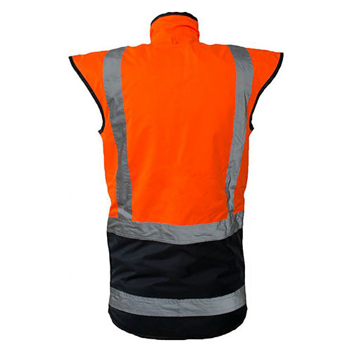 Load image into Gallery viewer, Caution Hi Vis Taped Fleece Lined Vest from Active Safety, showcasing a back view with a storm flap over the zipper, polar fleece lining, and multiple pockets, ideal for high visibility workwear compliance.