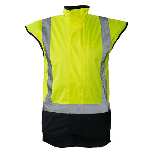 Caution Hi Vis Taped Fleece Lined Vest featuring yellow high-visibility fabric, reflective grey stripes, and multiple pockets, designed for safety and comfort in various work environments. Ideal for day and night use.