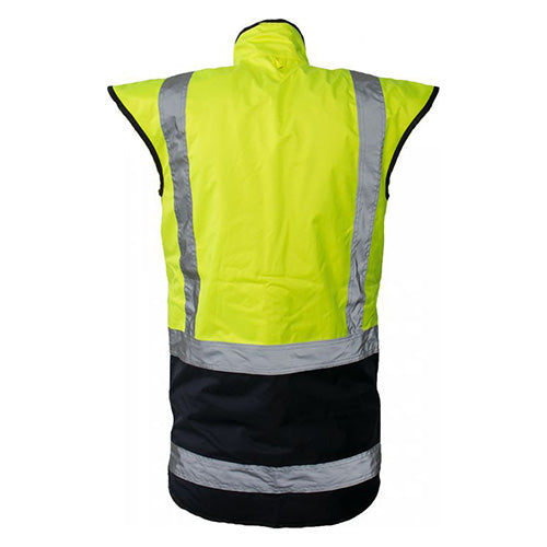 Load image into Gallery viewer, Caution Hi Vis Taped Fleece Lined Vest featuring grey reflective stripes, storm flap with Velcro closure, and detachable ID pocket, designed for high visibility and safety in day/night conditions.
