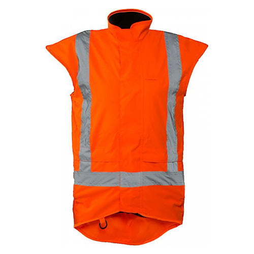 Caution X-Back TTMC-W17 Fleece Lined Vest features reflective stripes, storm flap with Velcro closure, and multiple pockets, designed for high visibility and safety in workplace environments.