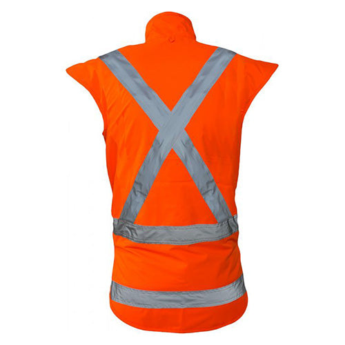 Caution X-Back TTMC-W17 Fleece Lined Vest, showcasing a back view with reflective features, storm flap over the zipper, detachable ID pocket, and certified hi-vis tape, ideal for safety and workwear needs.