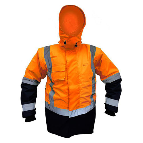 Load image into Gallery viewer, Caution Fleece Lined Vest W/ Zip-off Sleeves featuring a hood and Velcro closure, ideal for safety and comfort. Includes smartphone pocket, hand warmer pockets, and complies with NZFOA standards.
