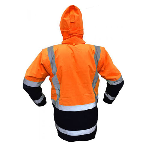 Load image into Gallery viewer, Caution Fleece Lined Vest W/ Zip-off Sleeves, shown worn, featuring a storm flap with Velcro closure, zip-off sleeves, and a hood, ideal for safety and protection in active environments.