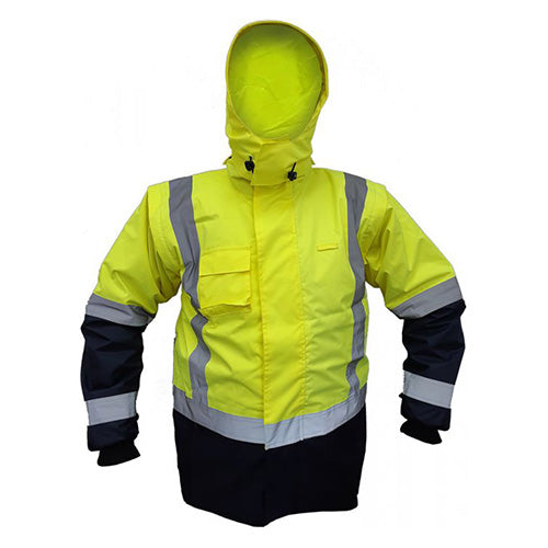 Load image into Gallery viewer, Caution Fleece Lined Vest W/ Zip-off Sleeves features detachable hood, Velcro storm flap, and multiple pockets. Ideal for safety, this high-visibility outerwear suits both day and night use.