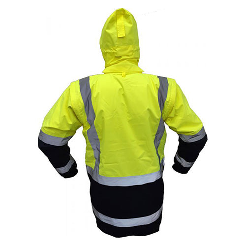 Load image into Gallery viewer, Caution Fleece Lined Vest W/ Zip-off Sleeves, featuring a high-visibility design, worn by a person, highlighting its zip-off sleeves, detachable ID pocket, and polar fleece lining for safety and comfort.