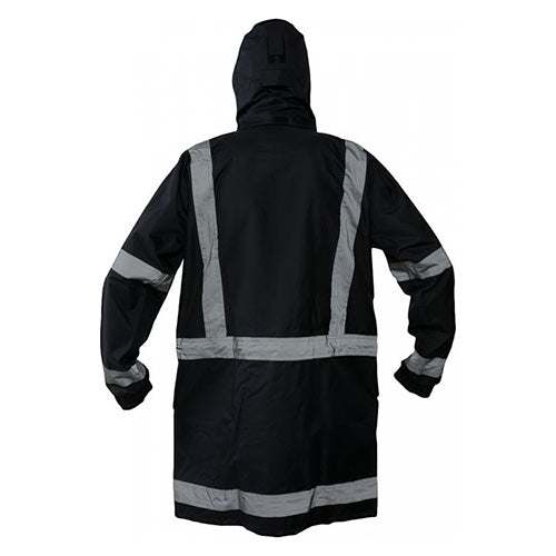 Load image into Gallery viewer, Caution Taped Rain Jacket featuring a black and grey design with grey stripes, equipped with a storm flap, multiple pockets, and neoprene storm cuffs, ideal for safety and functional outdoor wear.
