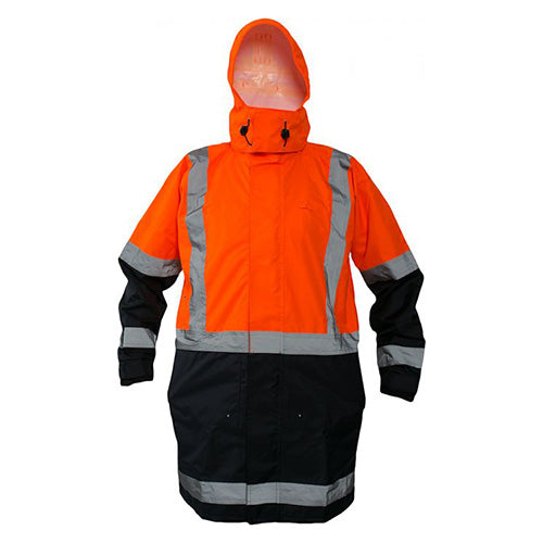Load image into Gallery viewer, Caution Taped Rain Jacket featuring a hood, storm flap with Velcro closure, and hand warmer pockets, designed for high visibility and certified safety, ideal for workwear and protective use.