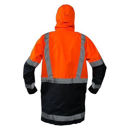 Load image into Gallery viewer, Caution Taped Rain Jacket, showcased from the back, features a reflective orange and grey design with protective elements like storm flaps and neoprene cuffs, epitomizing Active Safety's commitment to high-visibility workwear.