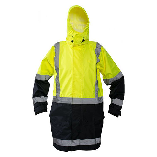 Load image into Gallery viewer, Caution Taped Rain Jacket featuring a yellow and black design with storm flap, detachable ID pocket, and high-visibility certification, ideal for safety-focused environments.