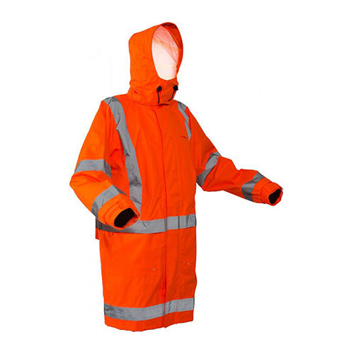 Load image into Gallery viewer, Caution StormPro TTMC-W17 Jacket, a high-visibility orange rain jacket worn by a person, featuring a hood, protective storm flap, storage pockets, and certified for workplace safety standards.
