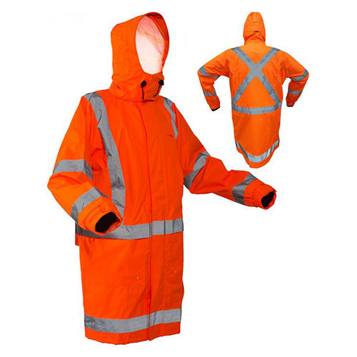 Load image into Gallery viewer, Caution X-Back TTMC-W17 Rain Jacket featuring reflective stripes and neoprene storm cuffs, designed for high visibility and protection, ideal for workwear standards compliance.