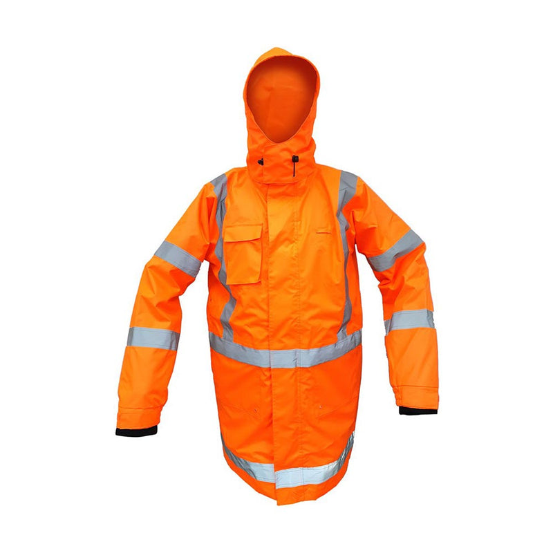 Load image into Gallery viewer, Caution X-Back TTMC-W17 Rain Jacket featuring reflective stripes and neoprene storm cuffs, designed for high visibility and protection, ideal for workwear standards compliance.