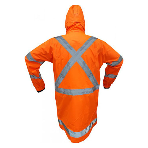 Load image into Gallery viewer, Caution X-Back TTMC-W17 Rain Jacket worn by a person, showcasing its protective design and functionality, featuring a storm flap, multiple pockets, and hi-vis certification for enhanced safety in work environments.