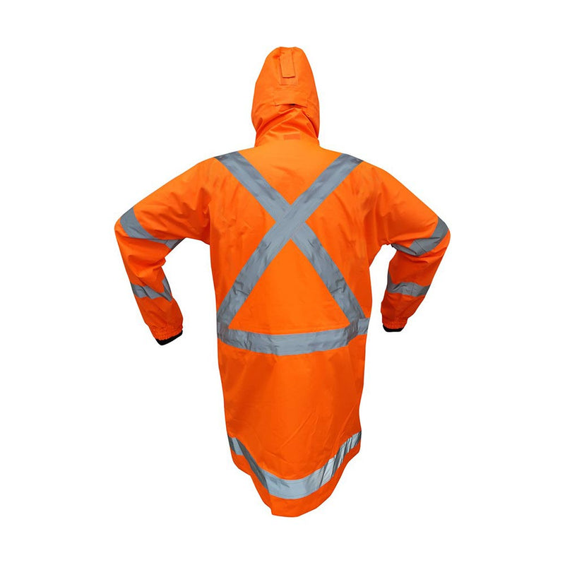 Load image into Gallery viewer, Caution X-Back TTMC-W17 Rain Jacket worn by a person, showcasing its protective design and functionality, featuring a storm flap, multiple pockets, and hi-vis certification for enhanced safety in work environments.