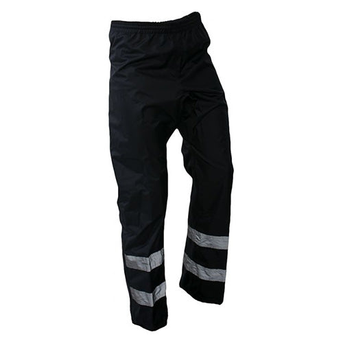 The Caution Taped Rain Overtrouser features reflective stripes, an elastic waist with a drawstring, and reinforced diamond crutch for durability, ideal for safety and comfort in wet conditions.