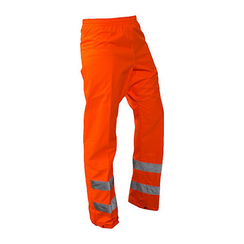 Caution Taped Rain Overtrouser featuring reflective stripes, elastic waist with drawstring, zip and dome leg adjustments, and a strengthened diamond crutch for durability, ideal for safety and work environments.