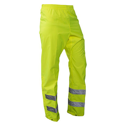 Caution Taped Rain Overtrouser featuring reflective stripes, elastic waist with drawstring, and zip adjustments, designed for durability and safety in wet conditions, ideal for workplace protection.
