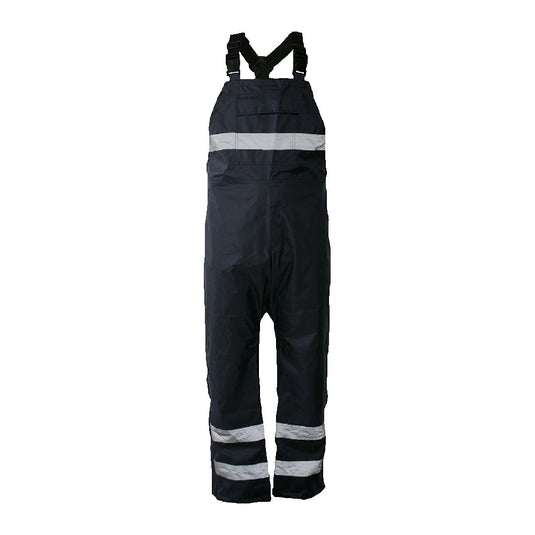 Caution Bib Overtrouser, Navy, featuring reflective stripes, large Velcro-secured chest pocket, adjustable elastic shoulder straps, and reinforced crutch design for durability, ideal for safety and workwear.