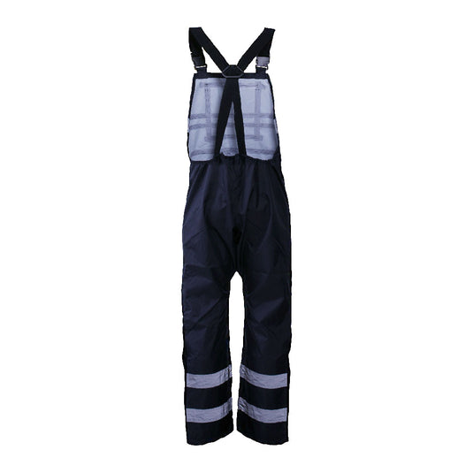 Caution Bib Overtrouser, Navy features reflective stripes, adjustable elastic shoulder straps, and a secure large chest pocket with Velcro. Perfect for enhancing visibility and durability in workplace environments.