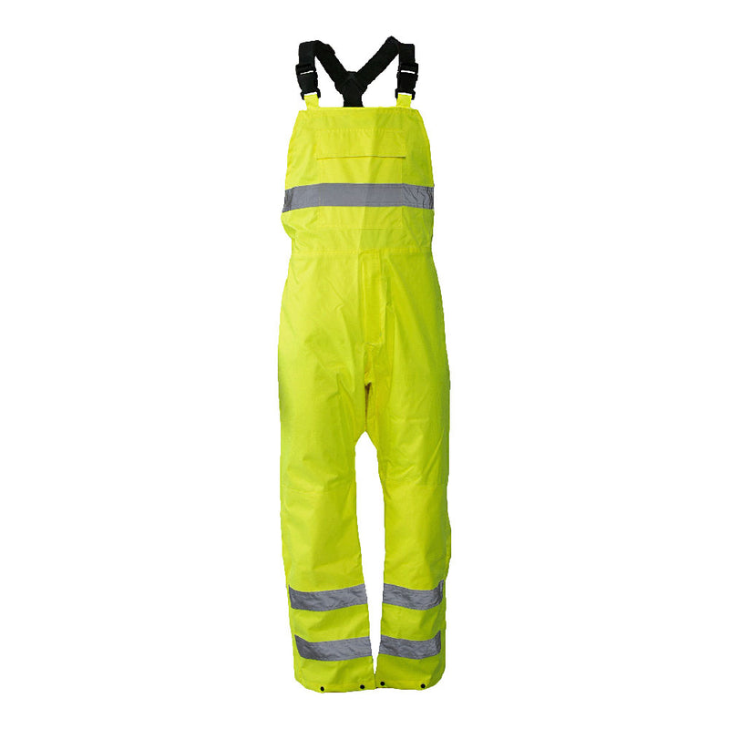 Load image into Gallery viewer, Caution Hi Vis Bib Overtrouser, Yellow, featuring reflective stripes and adjustable elastic shoulder straps, designed for durability with a strengthened diamond crutch and secure Velcro chest pocket, ideal for high visibility workwear.